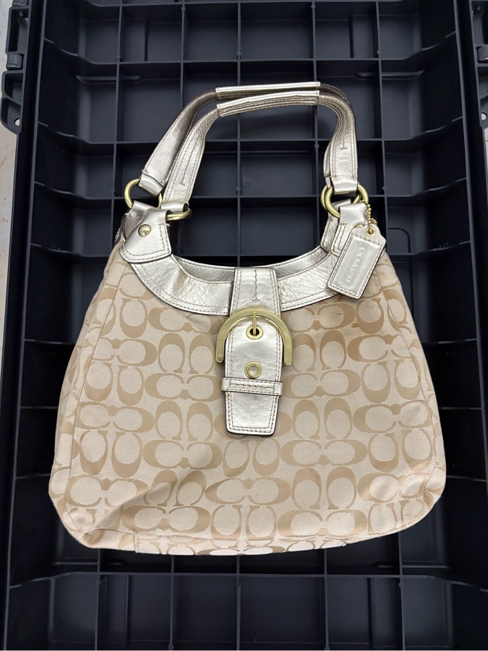 Coach Silver Metallic & Beige Signature Canvas Hobo with Gold & Silver Trim